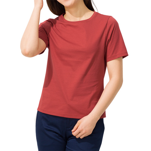 クルーネック Tシャツ 半袖 レディース 日本製 半袖丸首プルオーバー 全4色 婦人服 ミセス シニア 女性 ネイビー イエロー レッド グリーン 春夏　fuji　p24434 p24434-3.jpg