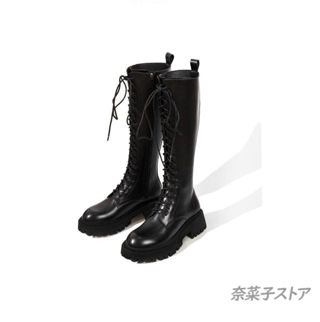 半額セール　ロング丈 ぺたんこ ロングブーツ　編み上げ ヒール 秋 秋冬 靴 ブーツ ニーハイブーツ 裏起毛　美脚　太ヒール　疲れにくい　高級感 ミドルブーツ