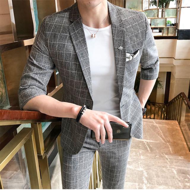 スーツ カジュアルスーツ メンズスーツ ビジネススーツ 7分袖丈 チェック柄 通勤 スリム フォーマル パーティー 結婚式 紳士服 2点セット 人気_3