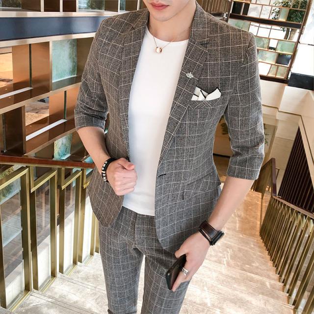 スーツ カジュアルスーツ メンズスーツ ビジネススーツ 7分袖丈 チェック柄 通勤 スリム フォーマル パーティー 結婚式 紳士服 2点セット 人気_4