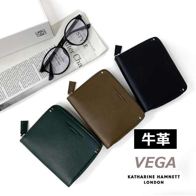 二つ折り財布 ファスナー メンズ 革 二つ折りサイフ コンパクト 2つ折り 男性 メンズ財布 小銭入れ付き 黒 緑 茶 おしゃれ ブランド プレゼント 2つ折り財布 人気 レザー 財布 緑の財布 グリーン ウォレット キャサリンハムネット ラウンドファスナー二つ折り財布 490-52103