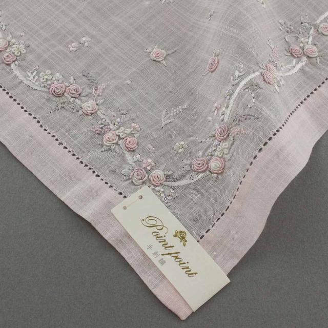 【送料無料】ベトナム手刺繍ハンカチ　花　6508　ピンク