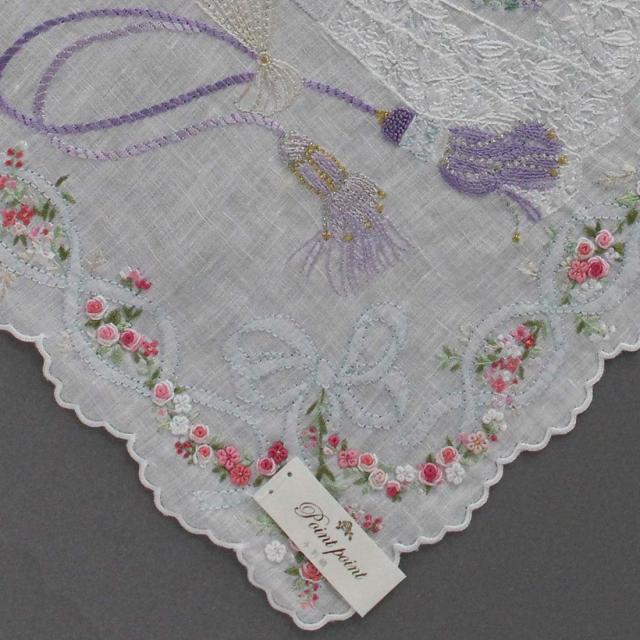 【送料無料】ベトナム手刺繍ハンカチ　扇子デザイン　6211 ホワイト