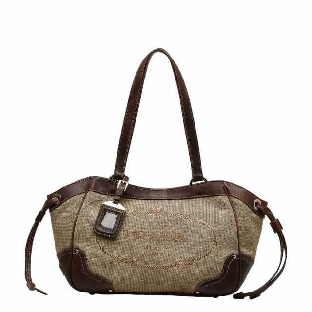 プラダ ロゴジャカード トートバッグ BR3419 ベージュ ブラウン キャンバス レザー レディース PRADA 【中古】の通販は