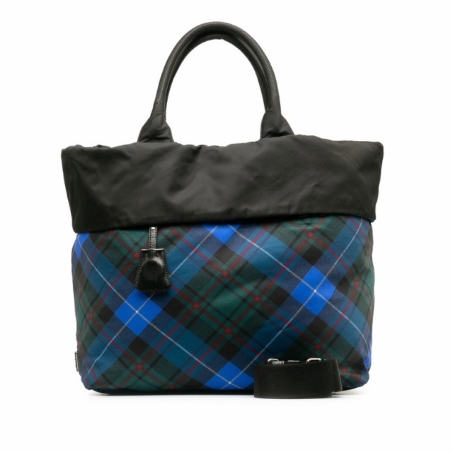 プラダ 三角ロゴプレート タータンチェック リバーシブル ハンドバッグ ショルダーバッグ 2WAY ブルー マルチカラー PRADA 【中古】