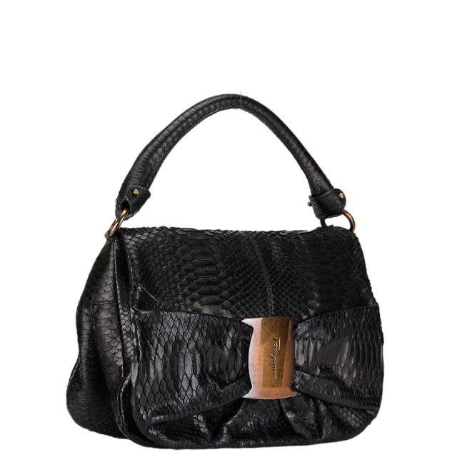 サルヴァトーレフェラガモ パイソン ロゴ ヴァラリボン ハンドバッグ ブラック レザー レディース Salvatore Ferragamo 【中古】_1
