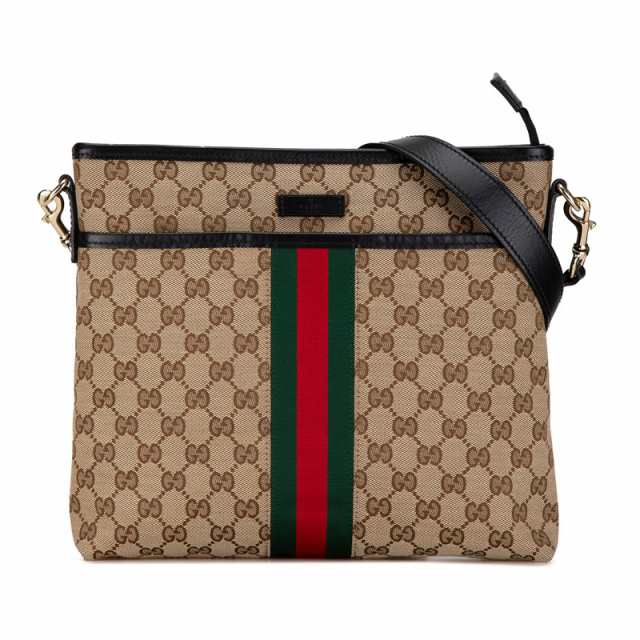 グッチ GGキャンバス シェリーライン 斜め掛け ショルダーバッグ 388926 ベージュ ブラック キャンバス レザー GUCCI 【中古】