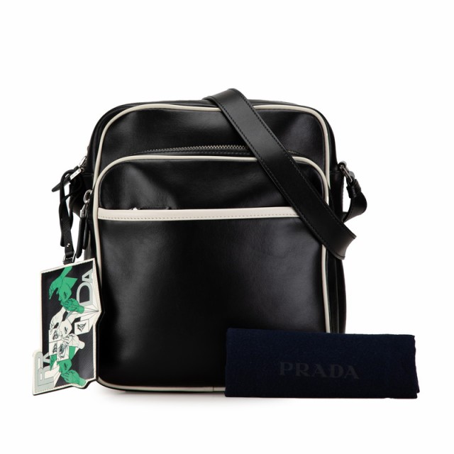 プラダ 三角ロゴプレート 斜め掛け ショルダーバッグ 2VH030 ブラック ホワイト レザー レディース PRADA 【中古】