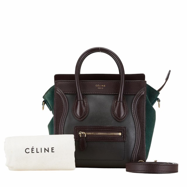 セリーヌ ラゲージ ナノ ハンドバッグ ショルダーバッグ 2WAY グリーン ブラウン レザー スウェード レディース CELINE 【中古】