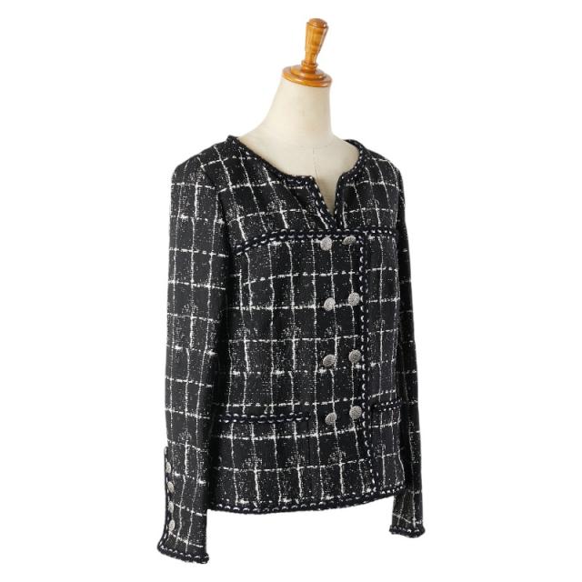 シャネル ツイード ノーカラージャケット ココマーク ジャケット スカート セットアップ サイズ：40 ブラック ホワイト CHANEL 【中古】の通販は