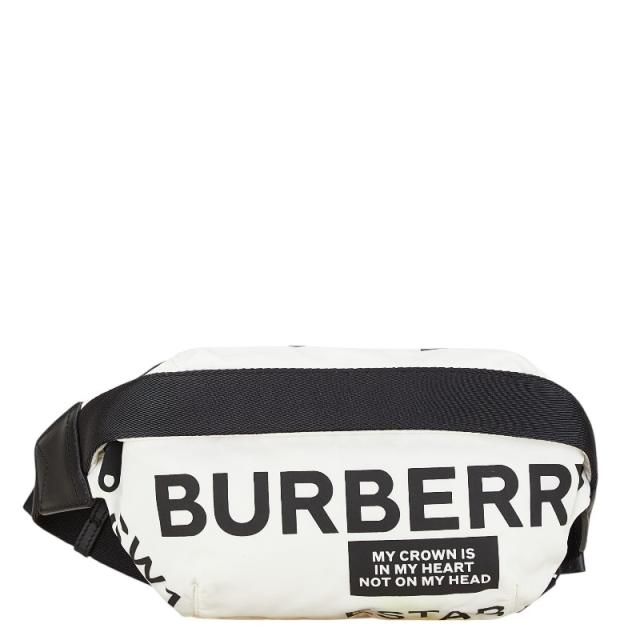 バーバリー ロゴプリント ボディバッグ ウエストバッグ 8015143 ホワイト ブラック ナイロン レディース BURBERRY 【中古】の通販は 28,258円