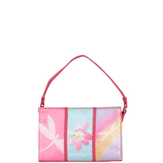 サルヴァトーレフェラガモ トンボ 花 フラワー ハンドバッグ ピンク マルチカラー サテン レディース Salvatore Ferragamo 【中古】
