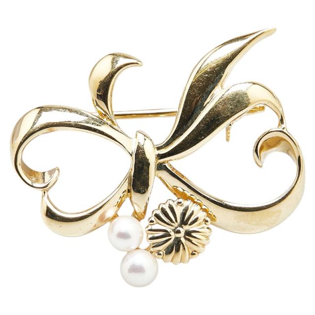 MIKIMOTO ミキモト リボンモチーフ ブローチ シルバー/パール5粒【い