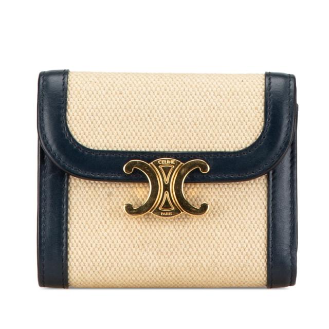 セリーヌ トリオンフ スモール フラップ ウォレット 三つ折り財布 ベージュ ネイビー キャンバス レザー レディース CELINE 【中古】の通販は