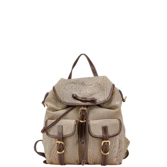 プラダ ロゴジャガード リュック バックパック 1BZ006 ベージュ ブラウン キャンバス レザー レディース PRADA 【中古】