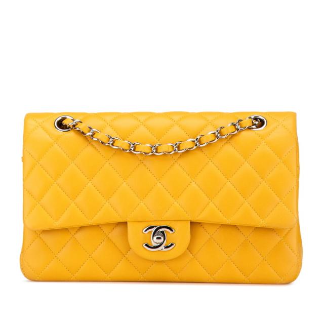 シャネル マトラッセ ココマーク Wフラップ チェーン ショルダーバッグ イエロー シルバー ラムスキン レディース CHANEL 【中古】の通販は 336,600円