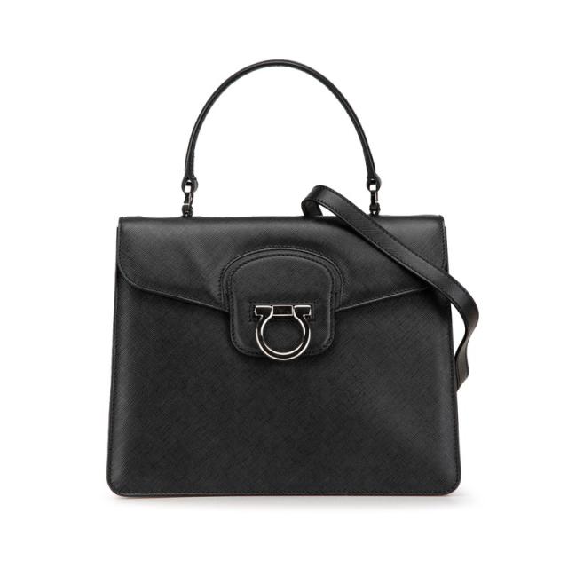 サルヴァトーレフェラガモ ガンチーニ ハンドバッグ ショルダーバッグ 2WAY ブラック シルバー レザー Salvatore Ferragamo 【中古】