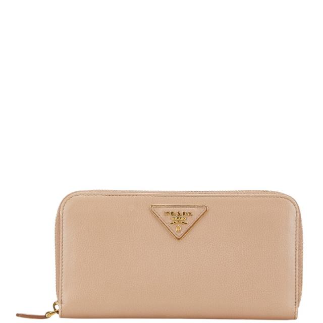 プラダ 三角ロゴプレート 長財布 ラウンドファスナー ベージュ レザー レディース PRADA 【中古】の通販は 22,800円