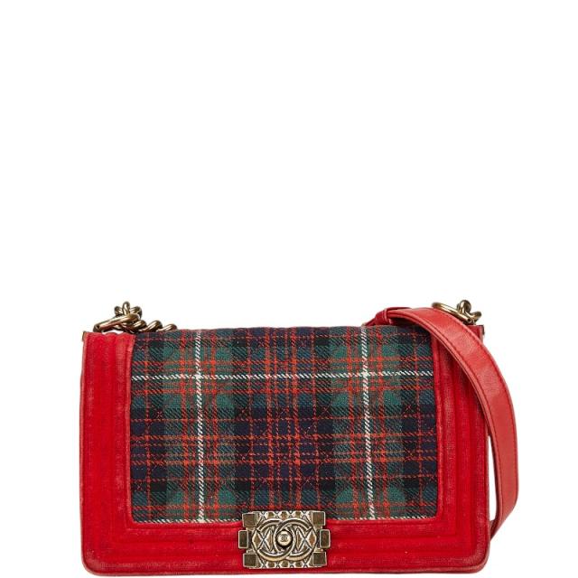 シャネル マトラッセ ボーイシャネル25 斜め掛け チェーン ショルダーバッグ レッド マルチカラー ベロア ウール レザー CHANEL 【中古】