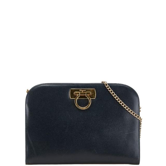 サルヴァトーレフェラガモ ガンチーニ チェーン 斜め掛け ショルダーバッグ P21 0587 ネイビー レザー Salvatore Ferragamo 【中古】