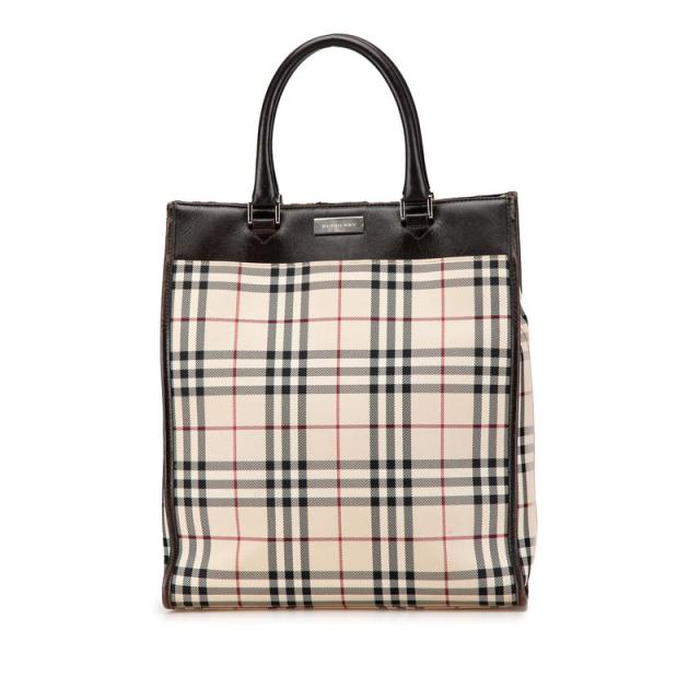 バーバリー ノバチェック ハンドバッグ ベージュ ブラウン キャンバス レザー レディース BURBERRY 【中古】