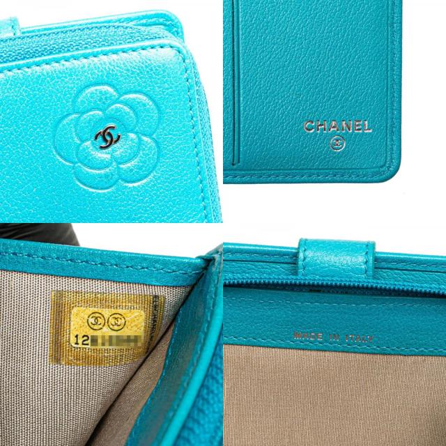 シャネル カメリア ココマーク 二つ折り財布 ライトブルー ラムスキン