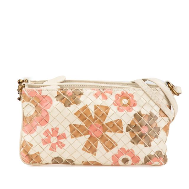 ボッテガヴェネタ イントレチャート フラワー 花 モチーフ ショルダーバッグ ホワイト ベージュ ピンク レザー BOTTEGAVENETA 【中古】