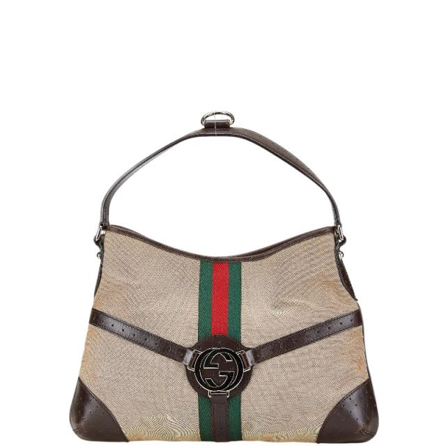 グッチ インターロッキングG シェリーライン ワンショルダーバッグ ハンドバッグ 114879 ベージュ ブラウン キャンバス GUCCI 【中古】