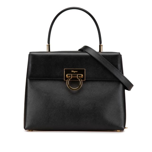 サルヴァトーレフェラガモ ガンチーニ ハンドバッグ ショルダーバッグ 2WAY AF-21 0290 ブラック レザー Salvatore Ferragamo 【中古】