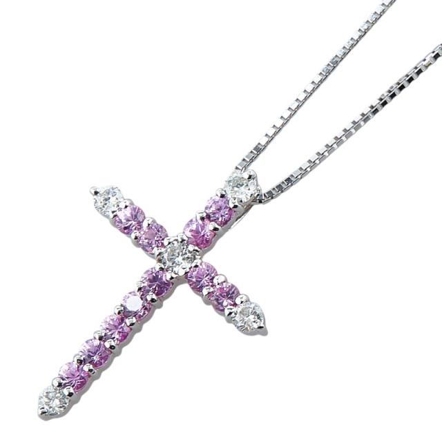 ピンクサファイヤネックレス/クロス/ダイヤモンド/十字架/K18PG