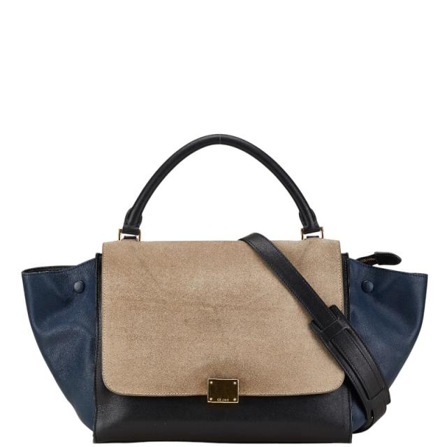 セリーヌ トラペーズ ミディアム ハンドバッグ ショルダーバッグ 2WAY ブラック グレー ネイビー レザー スウェード  CELINE 【中古】