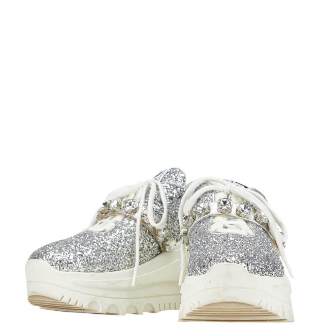 ミュウミュウ グリッター スニーカー 厚底 サイズ：34 シルバー ホワイト ラバー レディース MIUMIU 【中古】
