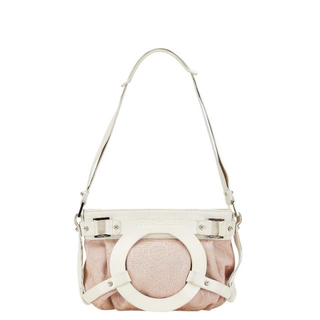 サルヴァトーレフェラガモ ガンチーニ ワンショルダーバッグ AU-21 5866 ピンク ホワイト キャンバス Salvatore Ferragamo 【中古】