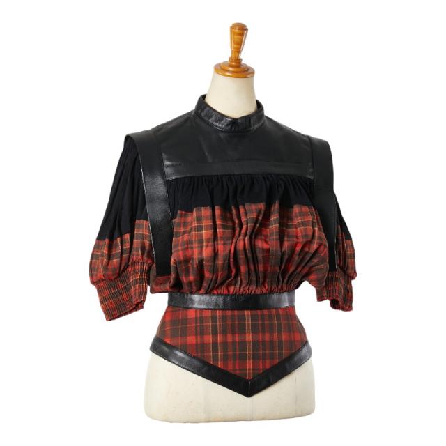 ルイ ヴィトン チェック ギャザー ブラウス サイズ：34 ブラック レッド マルチカラー ウール レザー レディース LOUIS VUITTON 【中古】