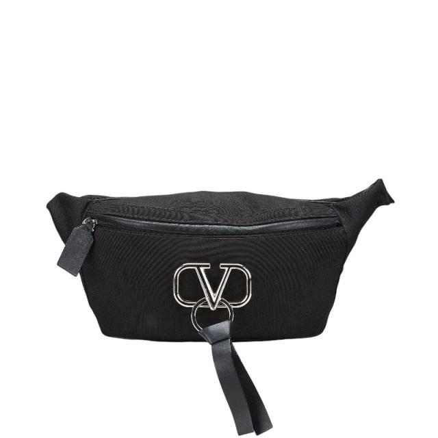 ヴァレンティノ Vロゴ ボディバッグ ベルトバッグ ブラック キャンバス レザー レディース VALENTINO 【中古】
