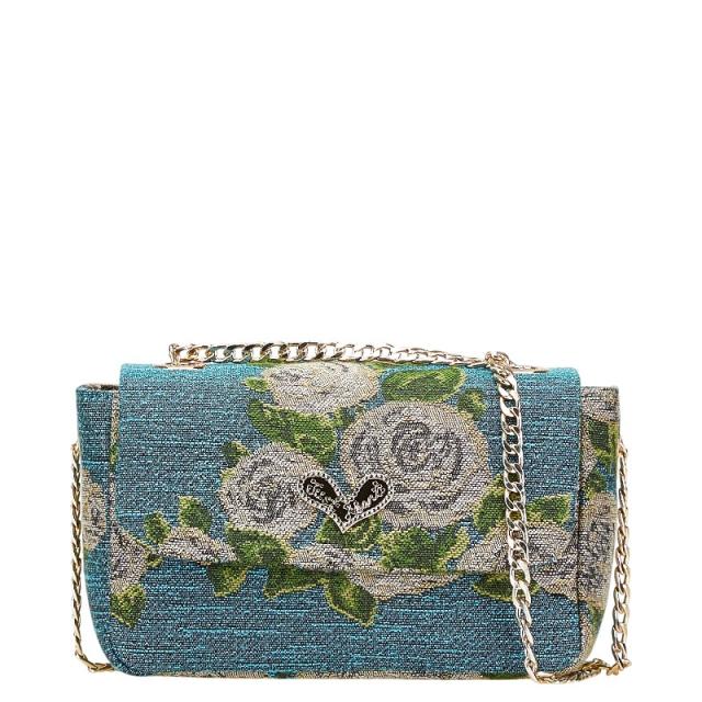 シンクビー 薔薇 バラ レオパード 斜め掛け チェーン ショルダーバッグ ブルー ベージュ コットンキャンバス thinkbee 【中古】