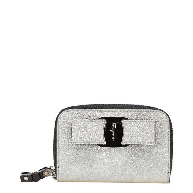 サルヴァトーレフェラガモ ヴァラリボン ラメ ケース シルバー ブラック グリッターキャンバス Salvatore Ferragamo 【中古】