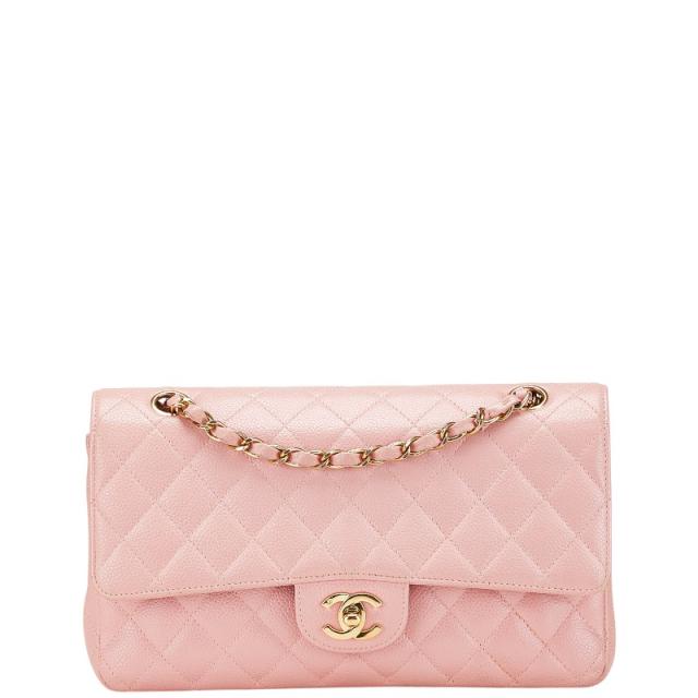 シャネル マトラッセ25 ダブルフラップ ココマーク チェーン ショルダーバッグ ピンク キャビアスキン レディース CHANEL 【中古】