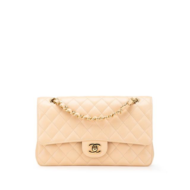 シャネル マトラッセ25 ダブルフラップ ココマーク チェーン ショルダーバッグ ベージュ キャビアスキン レディース CHANEL 【中古】