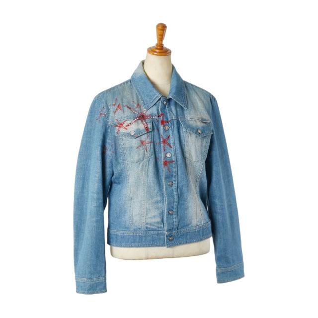 ヴェルサーチェ 星 スター モチーフ ラインストーン ラメ デニムジャケット サイズ:M ブルー レッド デニム レディース VERSACE 【中古】