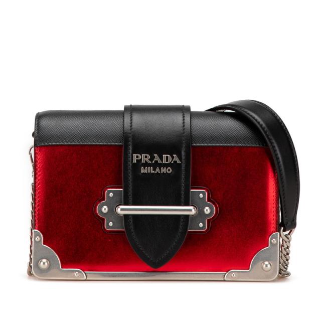 プラダ カイエ 斜め掛け チェーン ショルダーバッグ 1BD045 レッド ブラック シルバー金具 レザー レディース PRADA 【中古】