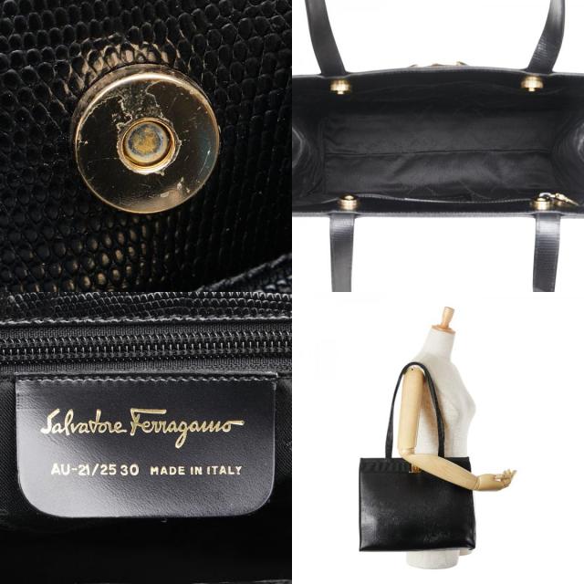 サルヴァトーレフェラガモ ヴァラリボン 型押し トートバッグ ワンショルダーバッグ AU-21/25 30 ブラック Salvatore Ferragamo 【中古】