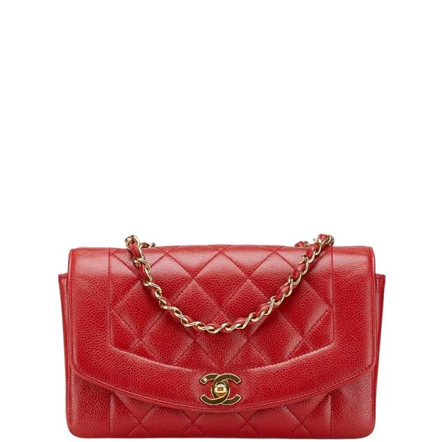 シャネル ダイアナ ココマーク チェーン ショルダーバッグ レッド キャビアスキン レディース CHANEL 【中古】
