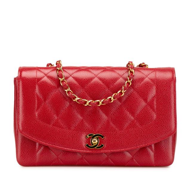 シャネル マトラッセ ココマーク ダイアナフラップ チェーン ショルダーバッグ レッド キャビアスキン レディース CHANEL 【中古】
