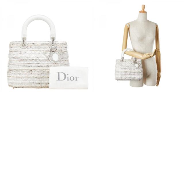 ディオール レディディオール カナ—ジュ ツイード ハンドバッグ ホワイト マルチカラー キャンバス レザー レディース Dior 【中古】_9