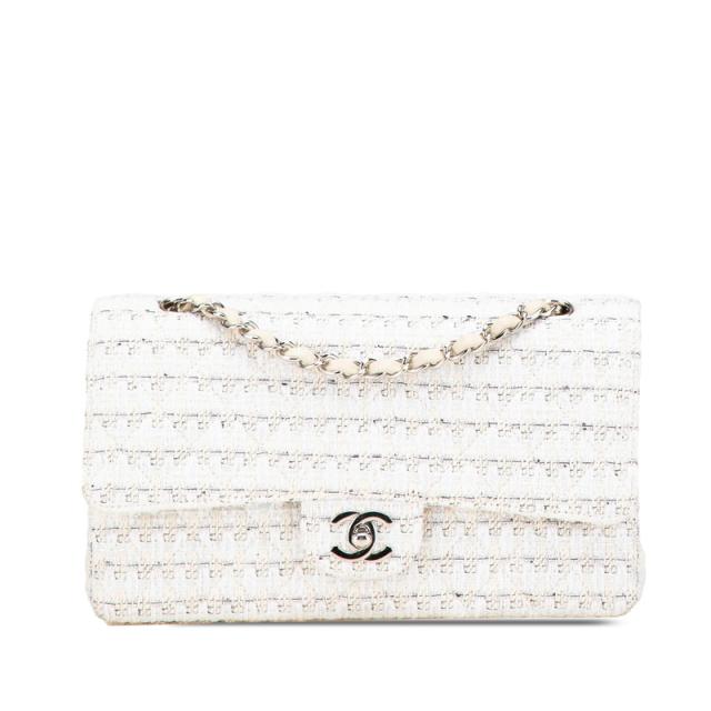 シャネル マトラッセ25 ココマーク Wフラップ チェーン ショルダーバッグ ハンドバッグ ホワイト ベージュ ツイード CHANEL 【中古】