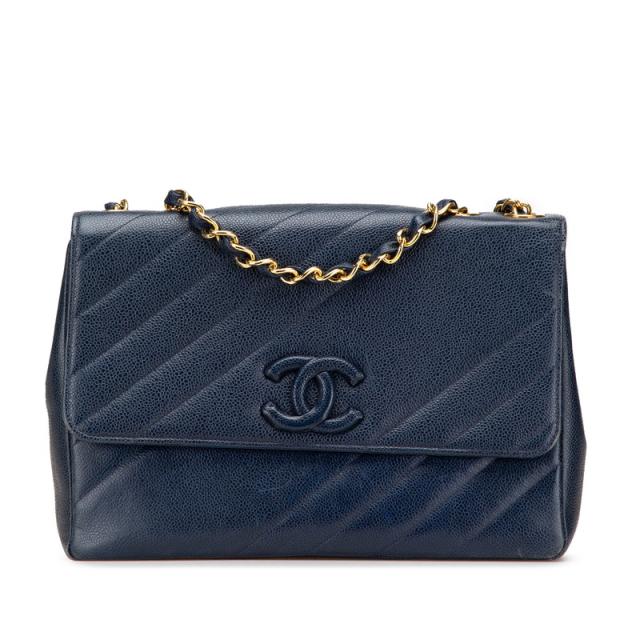 シャネル ココマーク ゴールド金具 バイアスステッチ チェーン ショルダーバッグ ネイビー キャビアスキン レディース CHANEL 【中古】