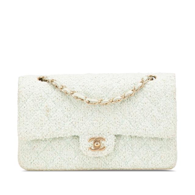 シャネル マトラッセ25 ココマーク Wフラップ チェーン ショルダーバッグ グリーン ミント ツイード レザー レディース CHANEL 【中古】