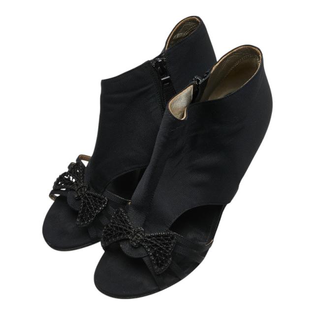 シャネル リボン ココマーク サンダル ウェッジソール 37 1/2 ブラック キャンバス レザー レディース CHANEL 【中古】