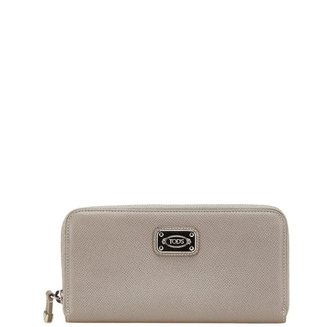 トッズ ロゴプレート 長財布 ラウンドファスナー グレージュ レザー レディース TOD’S 【中古】